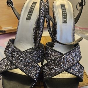 White by Vera Wang Sparkly Heels, Black/Sliver
